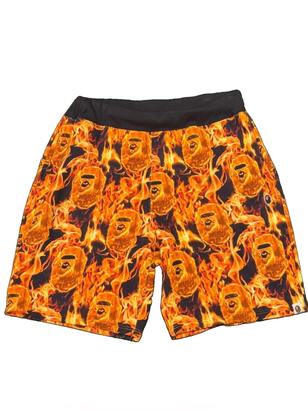 A Bathing Ape Bape Flame Sweat Shorts XL Ape Head All Over Print Orange Black